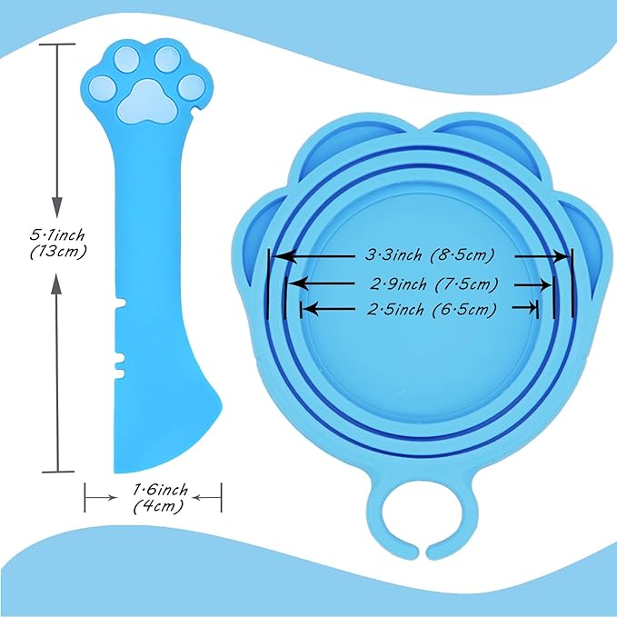 Cat Food Can Spoon & 3 Pcs Can Lids | Cute Paw Shape Covers & Opener for Wet Food | Universal BPA Free Silicone for Cats and Dogs Food(Blue)