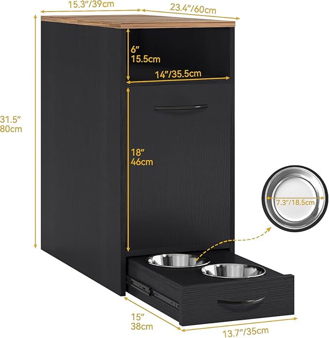 DWVO Dog Feeding Station with Storage, Dog Food Cabinet with 2 Feeder Bowls, Pull Out Elevated Dogs Bowl, Black