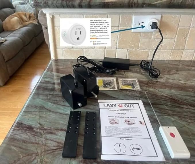 Easy Out Automated Pet Crate Opener for Single or Double Latch Crates, Activated by Remote Control or Wi-Fi Smart Plug, Model EODP2