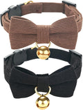 Soft Corduroy Cat Collar, Plaid Pattern, with Bell and Bowtie, Quick Release,Safety Breakaway Clasp, Adjustable for Kitten and Cats.(Black+Brown)