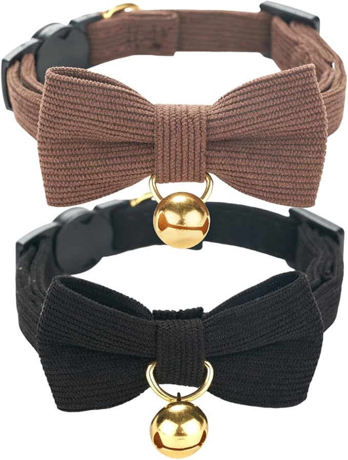 Soft Corduroy Cat Collar, Plaid Pattern, with Bell and Bowtie, Quick Release,Safety Breakaway Clasp, Adjustable for Kitten and Cats.(Black+Brown)