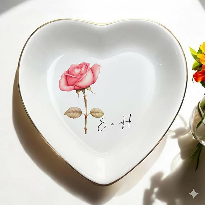 Personalized Floral Jewelry Dish, Engaged Ring Dish, Custom Trinket Dish Engagement Gift for Newly Engaged Couple, Mr and Mrs Ring Dish Just Married Valentines Gifts Keepsake