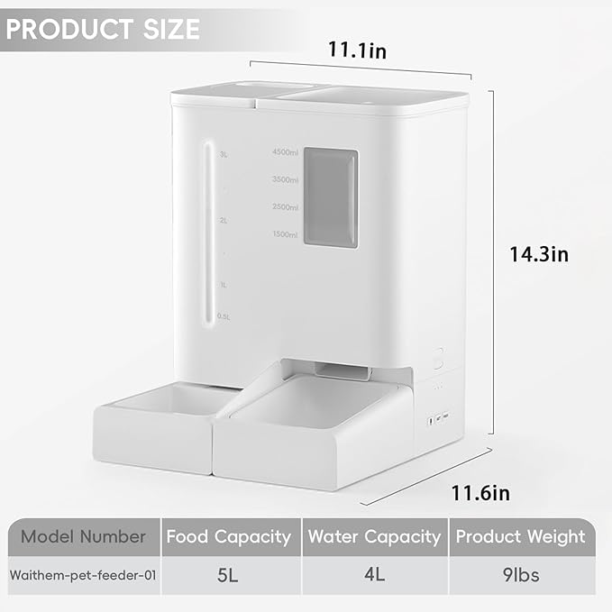 Waithem Wi-Fi Automatic Pet Feeder and Waterer for Cats&Dogs, 2-in-1 Set 5L Large Capacity for 2 Weeks, Intuitive App Operation, 2 Way Power Supply, Detachable for Cleaning