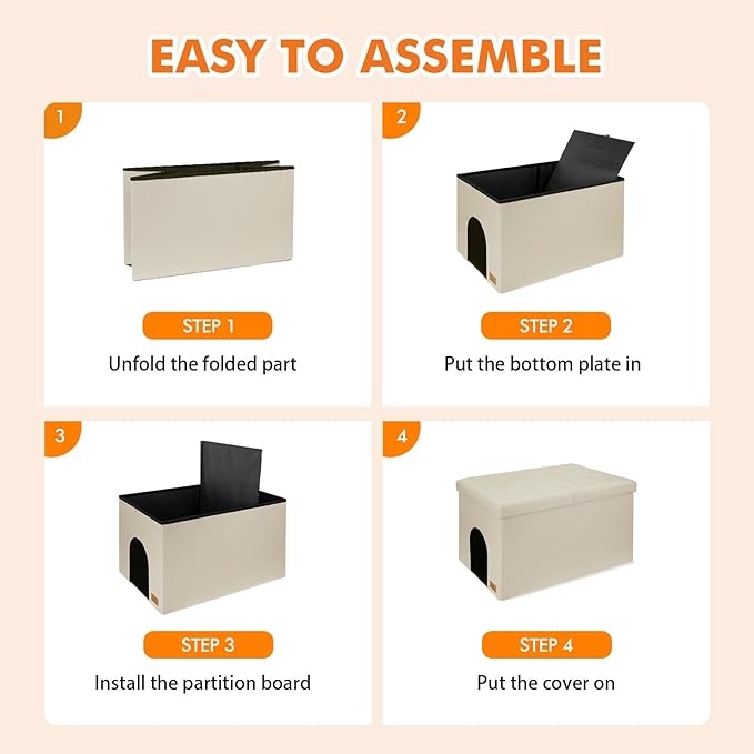 3-in-1 Cat Litter Box Enclosure for Odor Control, Hidden Litter Box Furniture Cabinet Ottoman with Flip-Up Lid, Multi-Functional Bench with Storage Footrest, Dog Proof (Cream, Large)