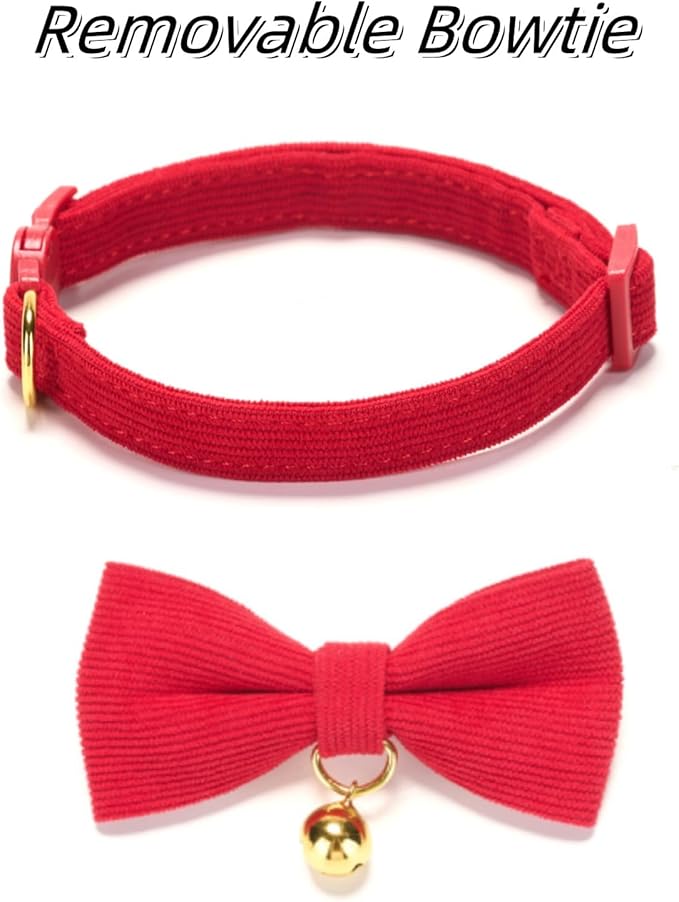 Soft Corduroy Cat Collar with Bell and Bowtie, Safety Breakaway Clasp, Adjustable for Kitten and Cats Red Color.