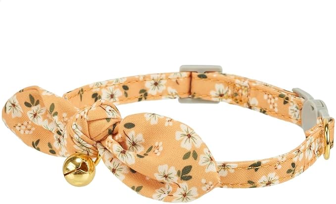 2 Pack Cotton Cat Collar, Removable Bowtie, Floral Pattern, Safety Breakaway Clasp, Adjustable for Cats.(Adult Cat, Yellow+White)