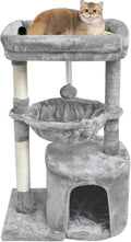 SYANDLVY Small Cat Tree for Indoor Cats, Activity Cat Tower with Scratching Post for Kittens, Modern Cat Furniture with Basket & Hanging Ball for Play Rest, Grey