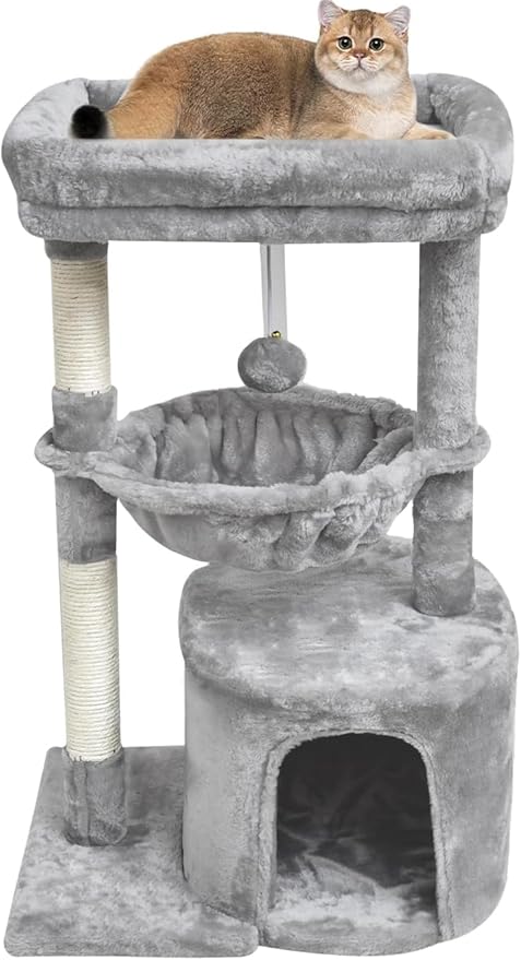 SYANDLVY Small Cat Tree for Indoor Cats, Activity Cat Tower with Scratching Post for Kittens, Modern Cat Furniture with Basket & Hanging Ball for Play Rest, Grey