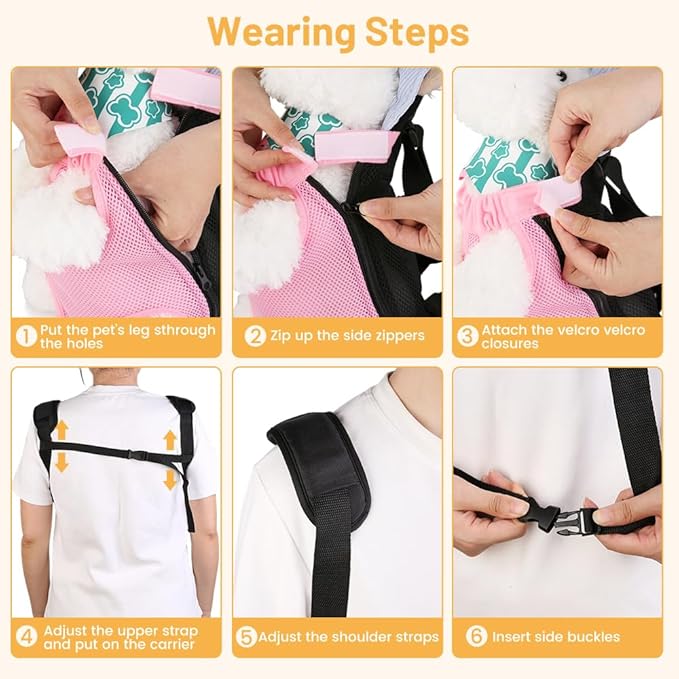 Inspack Dog Backpack Carrier/Cat Carrier, Adjustable Pet Front Carriers Travel Bag for Puppy Medium Dogs, Legs Out, Soft Ventilated Doggie Chest Carry Backpacks for Hiking/Camping, 4-7 lbs, Pink