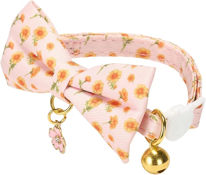 2 Pack Cat Collars, Removable Bowtie, Floral Pattern, Safety Breakaway Clasp, Adjustable for Cats.(Adult Cat,Mint Green and Lt Pink with Floral)