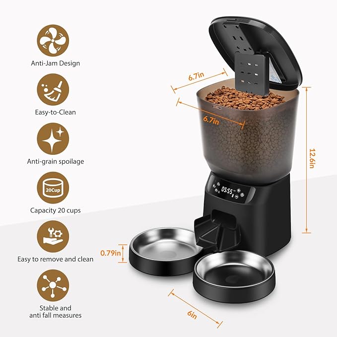 Automatic Cat Feeder and Water Dispenser Set, 5L/20 Cups Timed Cat Dry Food Dispenser, 2L Cats Water Fountain for Drinking with Filter, 10s Meal Call, 20 Portions 6 Meals Per Day