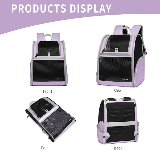 Cat Backpack Carrier for Small Dogs and Medium cat Puppy Kitten Bunny Pet Carrier Backpack Collapsible with Fully Ventilated Mesh with Safety Leash (Purple, 12.9" L x 10.62" W x 15.5" H - M)