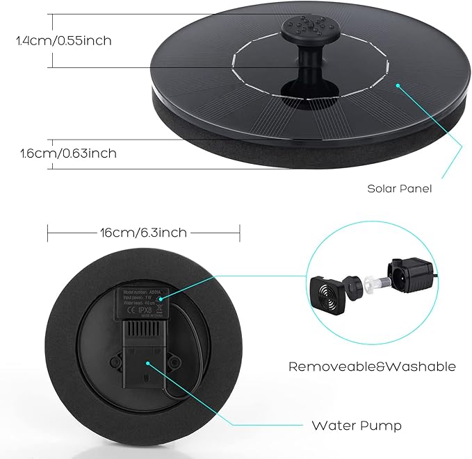 Mademax 1W Solar Bird Bath Fountain Pump, Solar Fountain, Free Standing Floating Solar Powered Water Fountain Pump for Bird Bath, Garden, Pond, Pool, Outdoor