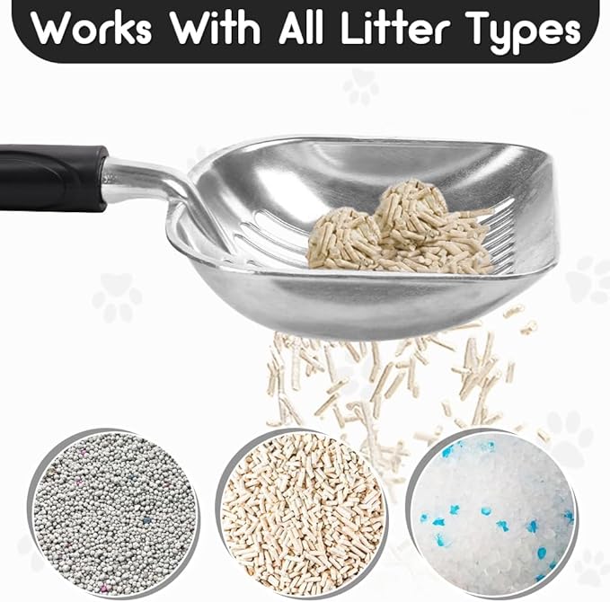 Cat Litter Scoop, Metal Cat Scooper, Plastic Handle Scoop, Sifting Shovel – Heavy Duty Aluminum Alloy Litter Box Scoop with Deep Mesh, Design for Easy Waste Removal and Cleaning, (Black)