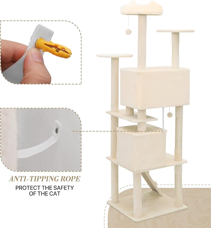 Athena Collection Cat Tree, 77 Inch Cat Tower for Indoor Cats, Multi-Level Cat Tree Tower Activity Center with 2 Cat Condo & Cat Scratching Post & Dangling Ball, Tall Cat Tree, Beige