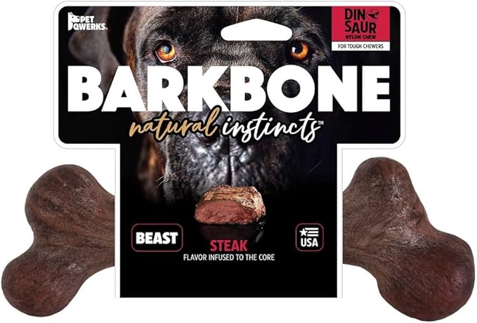 Pet Qwerks Dinosaur BarkBone - Nylon Dog Bone for Aggressive Chewers - Steak Flavor - 9.75"