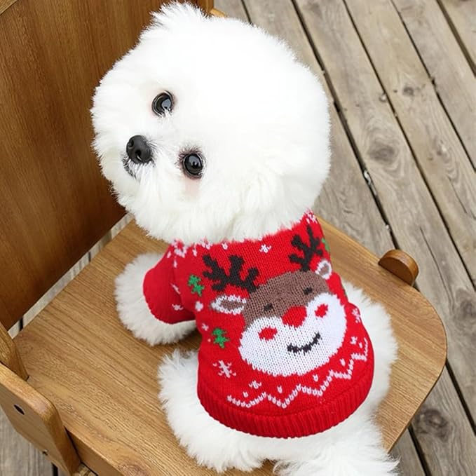 Christmas Dog Outfit Red Puppy Sweater for Small Dogs Girl Boy Elk Snowflake Cat Knitwear Reindeer Knitted Pet Clothes Santa Deer Costume for Chihuahua Yorkie Poodle (Red-2, Small)