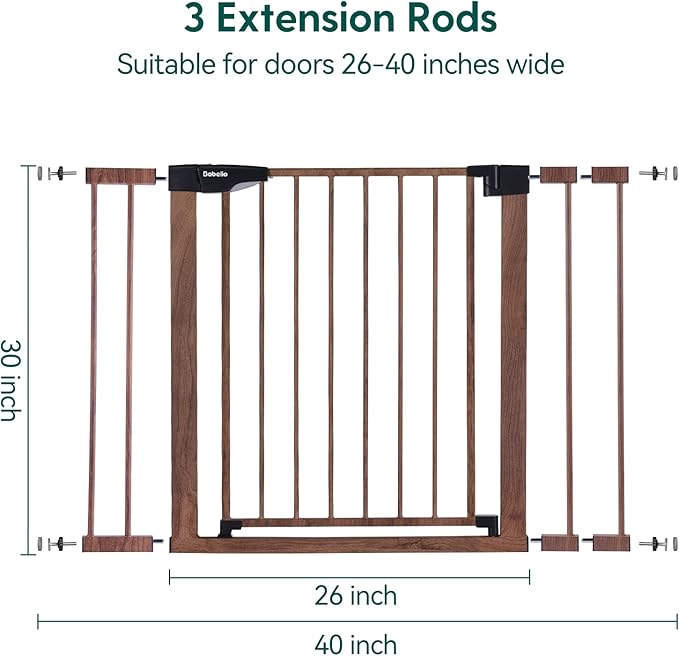Mom's Choice Award Winner-BABELIO 26-40" Metal Baby Gate with Wood Pattern, PressGuard C5 Easy Install Pressure Mounted Dog Gate for Stairs and Doorways, with Wall Protectors and Extension Kits