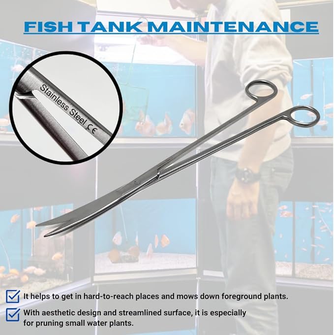 Aquarium Scissors Stainless Steel 12" Extra Long Water Grass Scissors for Aquatic Plants Pruning, Fish Tanks, Terrariums Used in Salt Water Fresh Water Landscape Maintenance Tools (Curved - Silver)