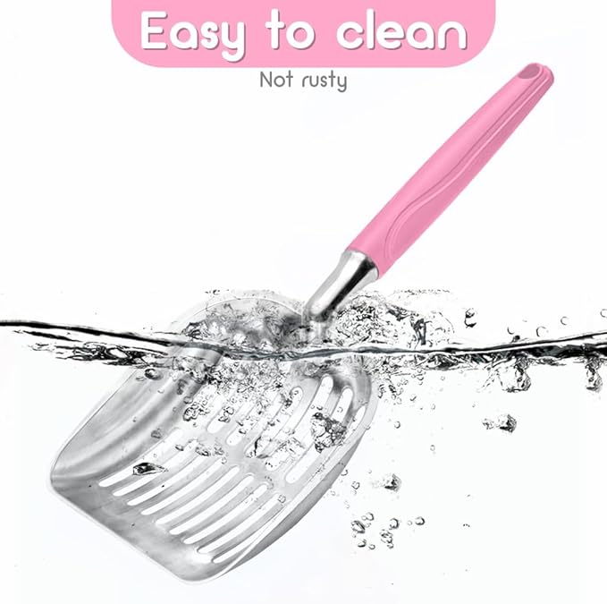 Cat Litter Scoop, Metal Cat Scooper, Plastic Handle Scoop, Sifting Shovel for Christmas – Heavy Duty Aluminum Alloy Litter Box Scoop with Deep Mesh, Design for Easy Waste Removal and Cleaning(Pink)
