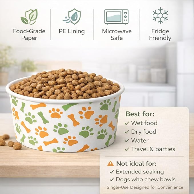 60 Pcs 42 oz/ 5.2 Cups Disposable Pet Bowls with Waterproof PE Coating, Heavy Duty Leakproof Bulk Dog Bowls with Printed Pattern for Multi-Dog Homes, Puppies, Travel, Camping & Pet Party