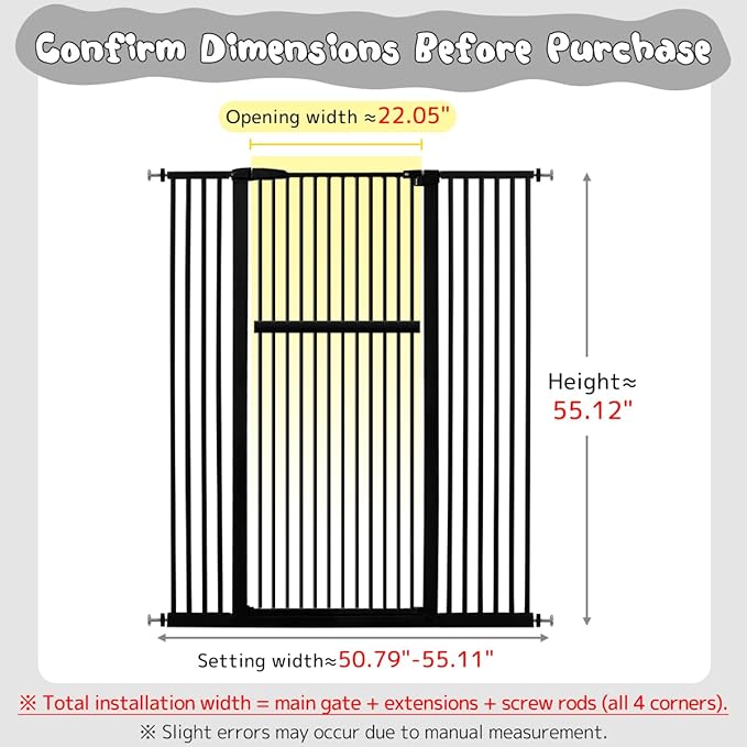 Lumizone Extra Tall Pet Gate 55.12" High Pressure Mounted 50.79"-55.11" Extra Wide (9 Sizes) 1.37" Gap for Cat Dog Stairs Doorway Hallway No Drilling Auto-Close (50.79"-55.11" W, Black)