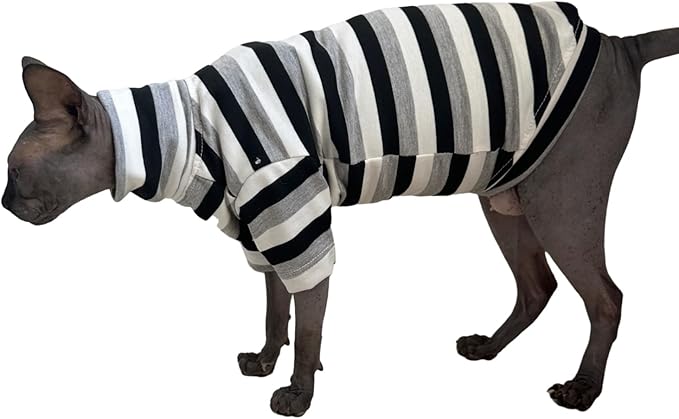 Vintage Stripes Sphynx Hairless Cats Shirt Cotton Cat Turtleneck Pet Clothes Kitten T-Shirts with Sleeves for Sphynx Cats (Black Grey White, Small)