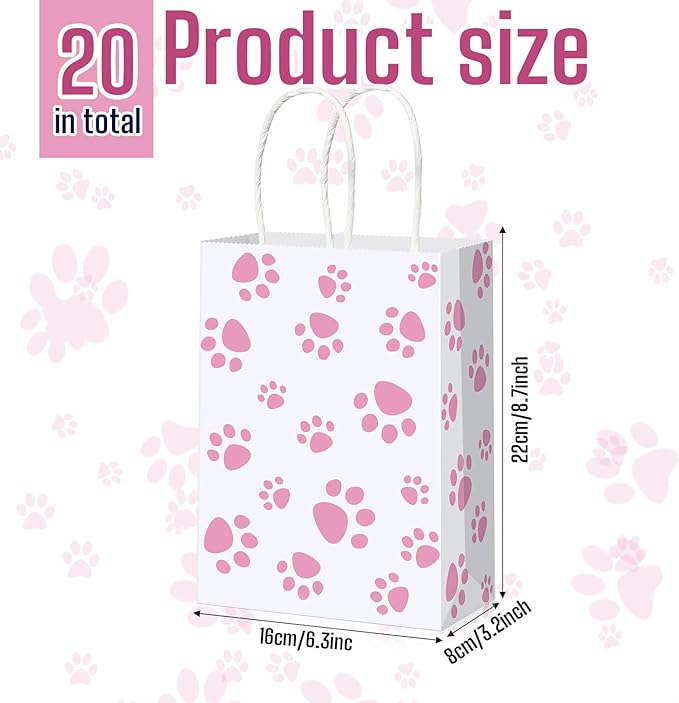 Blulu 20 Pcs Puppy Dog Paw Gift Bags with Paper Twist Handles, Dog Gift Paper Paw Treat Goodie Bags for PET Treat Party Favor, 6.3 x 3.1 x 8.6 Inch(White Backing, Pink Paws)