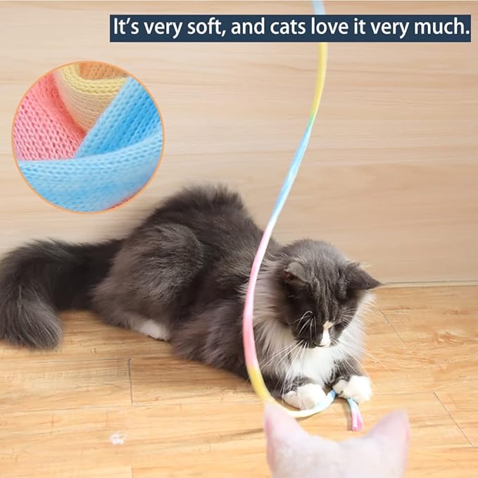LASOCUHOO Interactive Cat Wand Toys Interactive Cat Teaser Wand String Ribbon Rainbow Charmer for Cats and Kittens - 2 Packs