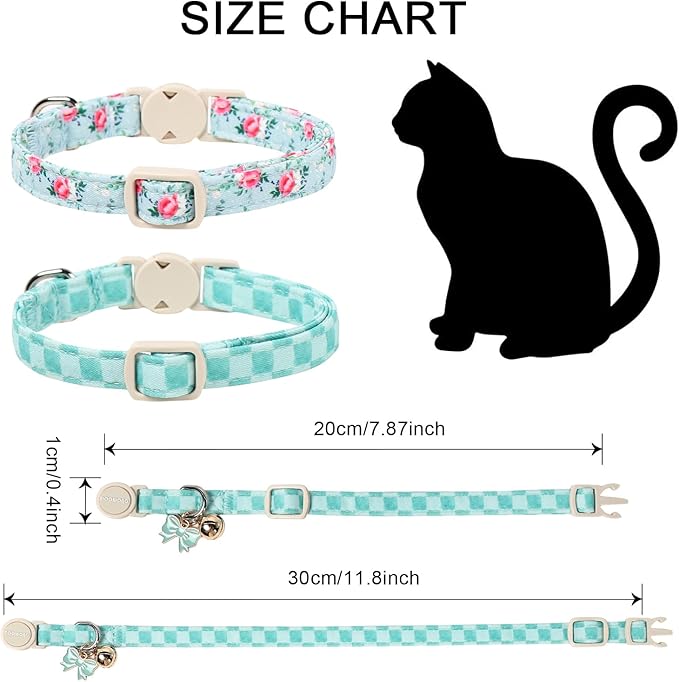 2 Pack Green Flower Cat Collars Breakaway with Bell, DOGWONG Safety Buckle Green Plaid Cute Cat Collar for Girl Boy Cats，Adjustable 7-12 Inch
