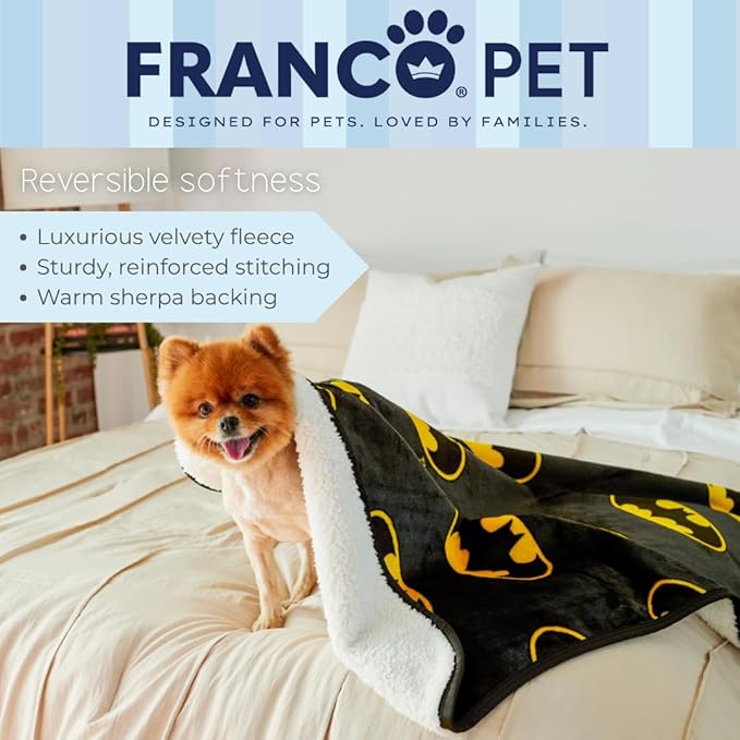 Franco Pet Batman DC Comics Bat Shield Logo Super Soft Cozy Waterproof Sherpa-Backed Blanket Throw for Small Dogs, Couch/Bed/Car, 30x40 (Officially Licensed Product)