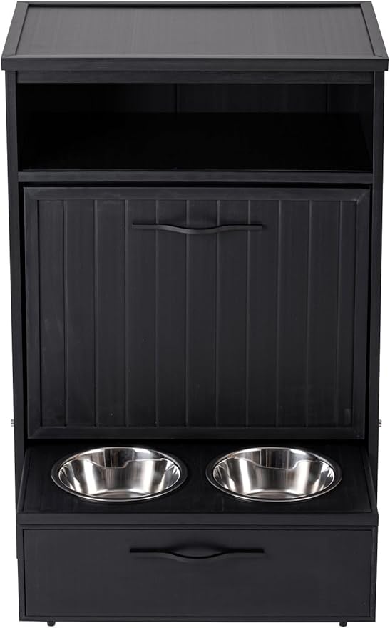 New Age Pet ECOFLEX Brea Dog Food Pantry in Black, Two 32 oz Bowls, Moisture Resistant, Easy Assembly, Holds 25 lbs