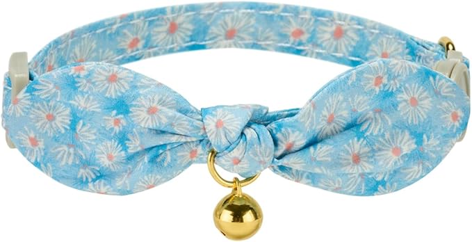 2 Pack Cotton Cat Collar, Removable Bowtie, Floral Pattern, Safety Breakaway Clasp, Adjustable for Cats.(Adult Cat, Blue Daisy and Floral)