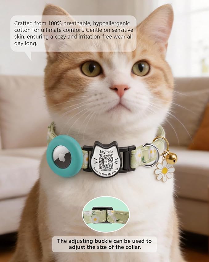 Cute Floral Breakaway Cat Collar with QR Code ID, Lightweight Cotton Safety Collar with Bell & AirTag Holder for Kittens and Cats,Pastoral Style with airtag Holder(Green)