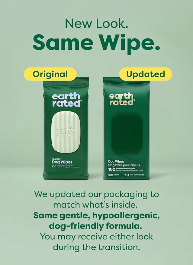 Earth Rated Dog Wipes, Hypoallergenic, 3-in-1 Cleaning and Hydrating, for Grooming Paws, Body and Butt, Lavender Scented, 100 Count