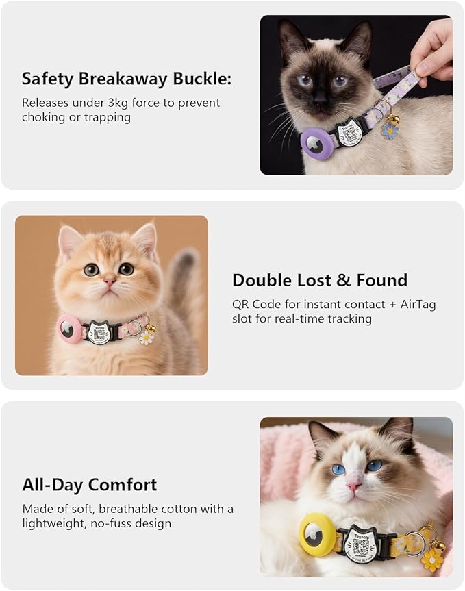 Smart Breakaway Cat Collar with QR Code Pet ID, Built-in AirTag Holder, Adjustable Cotton Cat Collar with Bell for Kittens and Adult Cats ，Pastoral Style with airtag Holder(Purple)