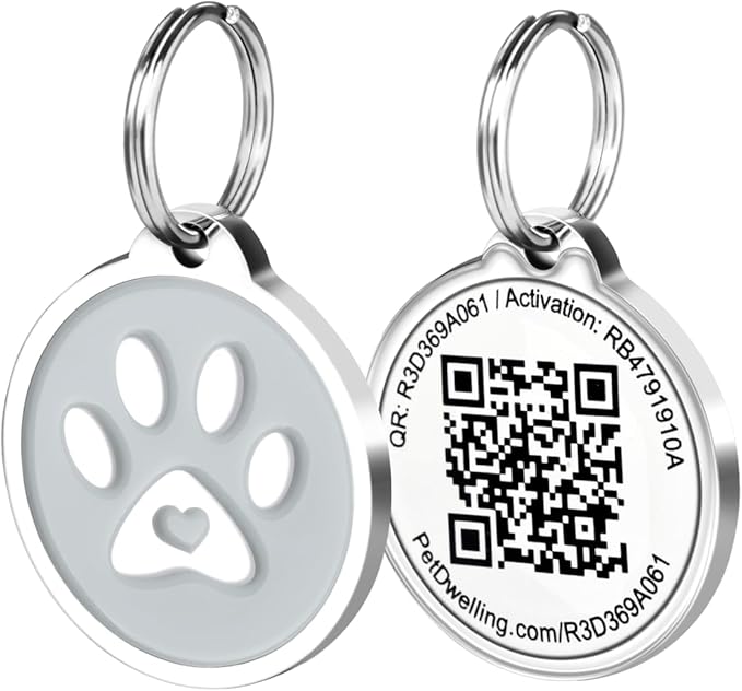 Pet Dwelling QR Code Pet ID Tag – Smart Dog & Cat ID Tags for Pet Safety, Free Personalized Online Profile, Instant Scan Alerts, AI Insights (Gray Paw)