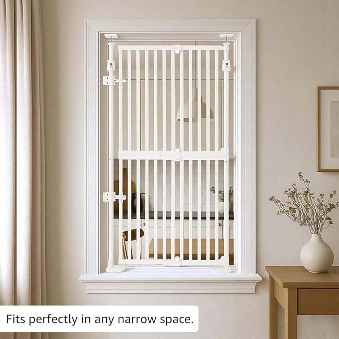 unipaws 57" H Cat Gate for Stairs, Fit for 21"-34" Wide Narrow Sapce, Auto Closing and No Drilling Cat Safety Gate, Cat Dog Proof, Indoor Use, White