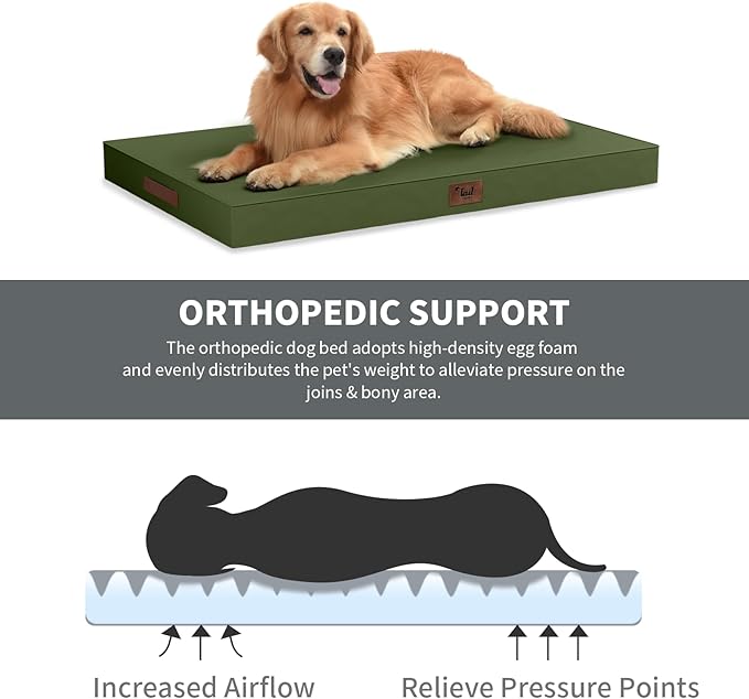 Outdoor Extra Large Dog Crate Bed, XXL Waterproof Dog Bed for Giant Breeds Dogs, 47x29 Inch Orthopedic Egg Crate Foam Pet Mat with Removable Cooling Cover, Amy Green