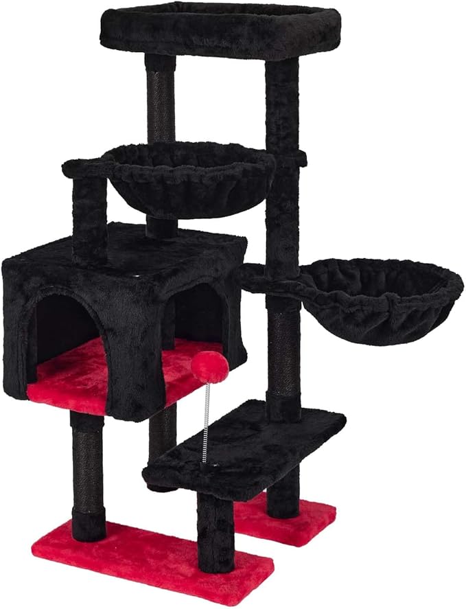 KIYUMI Cat Tree Cat Tower Condo with Sisal Scratching Post for Indoor Cats Cat Tree Cat Furniture with Hammock Perch and Kitten Ball Toys, Multi-Level Pet Activity Center,RedBlack