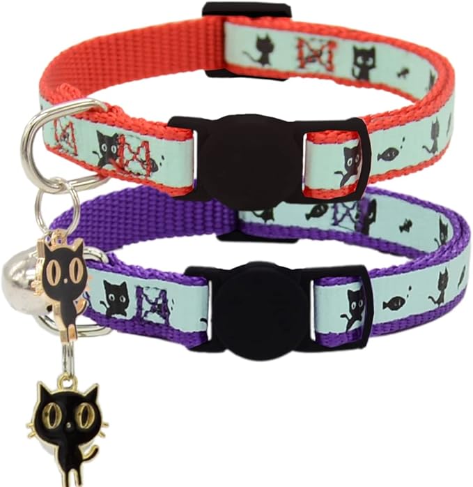 2 Pack Glow in The Dark Cat Collar with Bell Breakaway Safety Cat Puppy Collars with Pendant Red and Purple