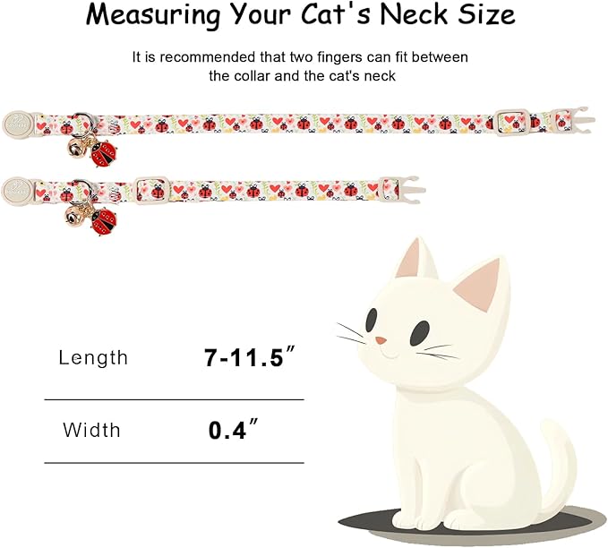 2 Pack Cute Cat Collars - Cartoon Bee Ladybug Breakaway Cat Collar with Bell & Matching Pendant, Adjustable Spring Summer Kitten Collars for Boy Girl Cats
