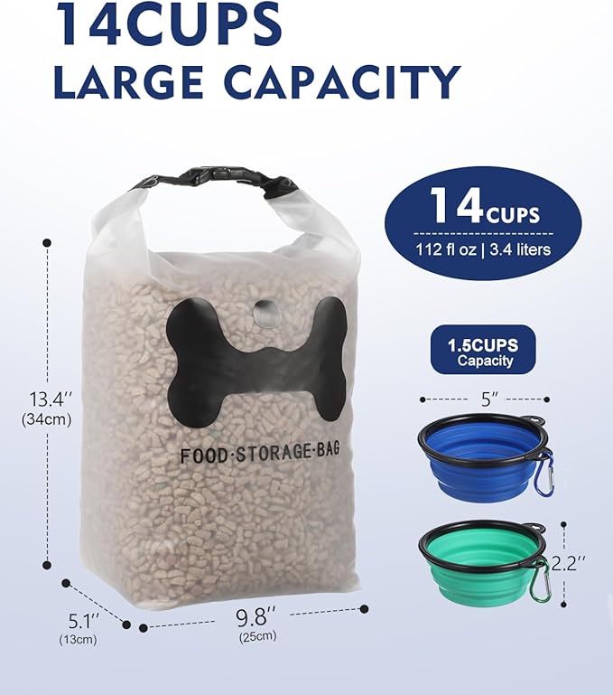 ANVS Silicone Pet Food Storage Bag,30-Cup Dog Food Travel Bag with 2PCS Collapsible Bowls, Perfect for Camping Trip, Dog Boarding, Weekend Getaways and Travel