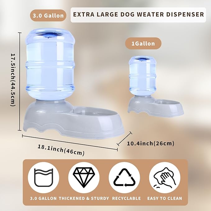 3 Gallon Automatic Dog Water Dispenser, 11L Large Dog Water Bowl Dispenser, Automatic Pet Water Dispenser Gravity Water Bowl for Dogs, Large Dog Drinking Fountain