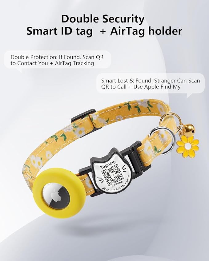 Breakaway Cat Collar with QR Code ID & AirTag Holder, Adjustable Cotton Kitten Collar with Bell, Cute Floral Safety Collar for Indoor & Outdoor Cats Pastoral Style with airtag Holder(Yellow)
