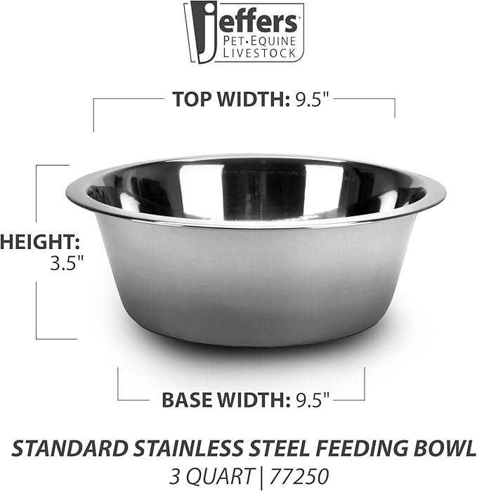 Jeffers Pet Standard Weight Stainless Steel Bowls for Dogs, Cats, Puppies, Kittens, Food & Water, Durable Feeding Dish, Travel, Camping, Indoor Outdoor Use, Dishwasher Safe - 3 Quart 2 Pack