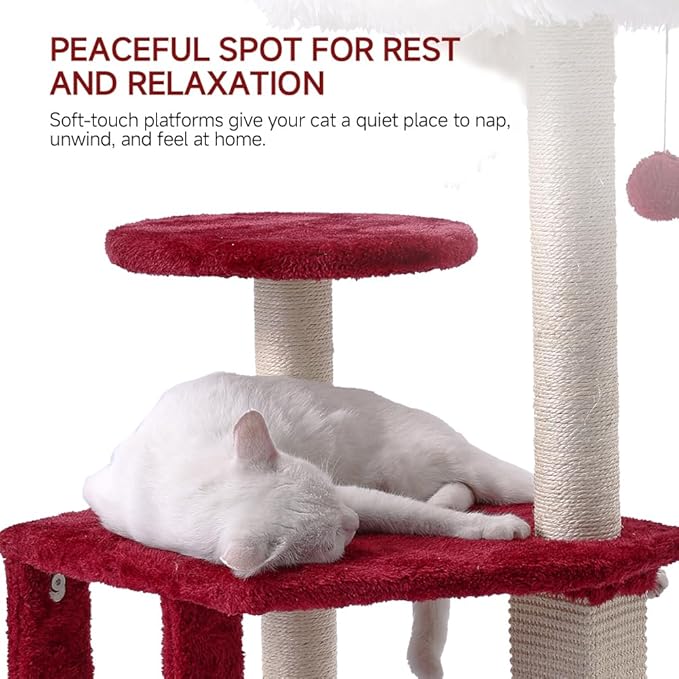 Cat Tree, 37.4-Inch Cat Tower with Plush Cozy Perch for Indoor Cats, Sturdy Tower with Fully Sisal-Wrapped Columns and Plush Toy Ball for Kitty Play, Red