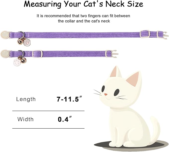 2 Pack Corduroy Cat Collars - Cute Breakaway Cat Collar with Bell and Paw Pendant, Soft Adjustable Fall Winter Kitten Collars for Girl Boy Cats, Lavender&Fuchsia