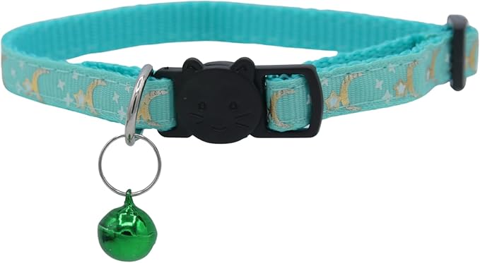 Set of 2: KioKatt Celestial Nylon Cat Collars with Matching Bells – Adjustable Breakaway Safety Collars for Adult Cats, 7–11" (Green + Blue)