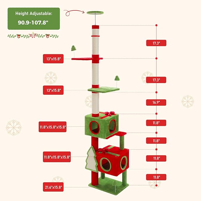 PETEPELA Floor to Ceiling Christmas Cat Tree, Tall Cat Tower (Adjustable Height 90.9-107.8 in) with 2 Large Condos, Scratching Posts & Detachable Cat Toys for Large Adult Cats, Red/Green